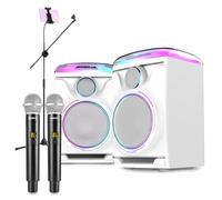 Fenton Track 2.0 Complete Home Karaoke System with Party Speakers, Wireless Microphones, Tablet Stand Holder, LED Lights, Remote, Bluetooth, Optical, White