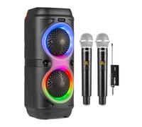 Fenton Track210 Portable Bluetooth Karaoke Speaker System with Two Wireless Microphones, Home Karaoke Setup with LED Party Lights, Rechargeable Battery & Stereo Pairing Functionality