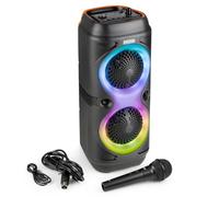 Fenton Track210 Portable Bluetooth Party Speaker, LED Lights, Mic, 100W | Twin 4-inch speakers, USB/SD/AUX inputs, mic input, dynamic microphone, rechargeable battery, karaoke, light show