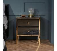 Fenwick Black Glass 2 Drawer Bedside Cabinet - Gold Trim