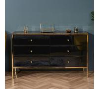 Fenwick Black Glass 6 Drawer Wide Chest - Gold Trim