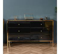 Fenwick Wide Chest - 6 Drawer - Black Glass - Gold Trim