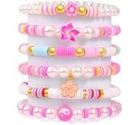FENXIXIONE 6 Pcs Boho Clay Bead Bracelets Cute Friendship Bracelet for Women Jewelry Set Pink Colorful Stretch Beaded Bracelets (#1)