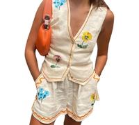 FENXIXIONE Embroidery Vest Sets Women 2 Piece Outfits Sleeveless Top Linen Set Summer Vacation Y2k (L,Flowers)
