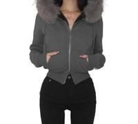 FENXIXIONE Faux Fur Trim Camo Hoodies for Women, Y2k Long Sleeve Cropped Sweatshirt, Zip Up Jacket with Fur Hood (L,Grey)