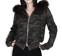 FENXIXIONE Faux Fur Trim Camo Hoodies for Women, Y2k Long Sleeve Cropped Sweatshirt, Zip Up Jacket with Fur Hood (L,Camouflage)