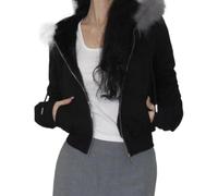 FENXIXIONE Faux Fur Trim Camo Hoodies for Women, Y2k Long Sleeve Cropped Sweatshirt, Zip Up Jacket with Fur Hood (L,Black)