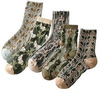 FENXIXIONE Floral Cotton Socks Cotton 3D Textured Cute Vintage Embroidered Crew Ankle Socks for Women 5 Pairs (One Size,Green)