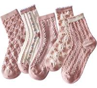 FENXIXIONE Floral Cotton Socks Cotton 3D Textured Cute Vintage Embroidered Crew Ankle Socks for Women 5 Pairs (One Size,Pink)