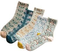 FENXIXIONE Floral Cotton Socks Cotton 3D Textured Cute Vintage Embroidered Crew Ankle Socks for Women 5 Pairs (One Size,Blue)