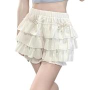 FENXIXIONE Harajuku y2k lolita bloomers shorts goth kawaii fashion gothic clothing elastic waist pretty lace trim tiered short skirt, white, M