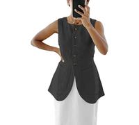 FENXIXIONE Long Linen Waistcoat Vest for Women Summer Casual High Neck Button Down Sleeveless Tops with Pocket (L,Black)