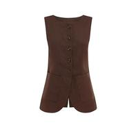 FENXIXIONE Long Linen Waistcoat Vest for Women Summer Casual High Neck Button Down Sleeveless Tops with Pocket (L,Brown)