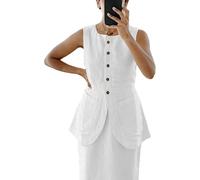 FENXIXIONE Long Linen Waistcoat Vest for Women Summer Casual High Neck Button Down Sleeveless Tops with Pocket (L,White)