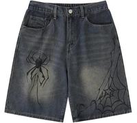 FENXIXIONE Mens Aesthetic Baggy Denim Loose Harajuku Y2k Fashion Streetwear Jean Jorts Spider Baggy Loose Straight Wide Leg Shorts (S,Dark Blue)