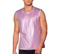 FENXIXIONE Men's Sequin Tank Top Sparkly Sleeveless T Shirt Party Top (L,Pink)