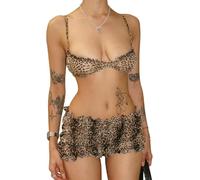 FENXIXIONE Sexy Leopard Two Piece Outfits for Women Summer Fashion Halter Bra Top Layered Ruffle Bloomers Shorts Set Beach Vacation Outfits (S,Brown Leopard Print)
