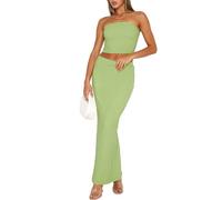 FENXIXIONE Two Piece Women's Sexy Tube Tops Maxi Dress Ruched Strapless Top with Back Split Hem Bodycon Dress Summer Vacation Set (S,Green)