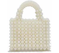 FENXIXIONE Women Handmade Pearl Beaded Clutch Bucket Evening Handbag Acrylic Pearl Purse for Party Wedding (One Size,Off-white)