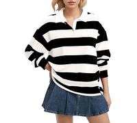 FENXIXIONE Women Long Sleeve Striped Polo Shirt Oversized Collar Y2k Pullover T Shirt Casual Loose Streetwear Rugby Sweatshirt (Black,XL)