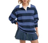 FENXIXIONE Women Long Sleeve Striped Polo Shirt Oversized Collar Y2k Pullover T Shirt Casual Loose Streetwear Rugby Sweatshirt (Blue,M)