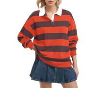 FENXIXIONE Women Long Sleeve Striped Polo Shirt Oversized Collar Y2k Pullover T Shirt Casual Loose Streetwear Rugby Sweatshirt (Red-a,S)
