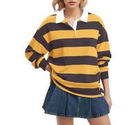 FENXIXIONE Women Long Sleeve Striped Polo Shirt Oversized Collar Y2k Pullover T Shirt Casual Loose Streetwear Rugby Sweatshirt (Yellow,S)