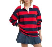 FENXIXIONE Women Long Sleeve Striped Polo Shirt Oversized Collar Y2k Pullover T Shirt Casual Loose Streetwear Rugby Sweatshirt (Red,L)
