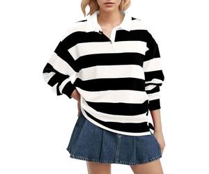 FENXIXIONE Women Long Sleeve Striped Polo Shirt Oversized Collar Y2k Pullover T Shirt Casual Loose Streetwear Rugby Sweatshirt