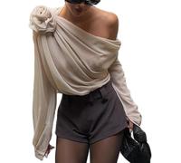 FENXIXIONE Women Sexy Chiffon Top One Shoulder Long Sleeve 3D Floral Mesh Shirt See Through Dressy Blouse Going Out Tops (Apricot White,S)