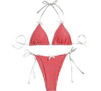 FENXIXIONE Women's 2 Piece Print Bow Front High Waisted Bikini Halter Tie Sexy Halter Y2K Bikini Sets Triangle Beachwear Swimsuit Bathing Suit (Red,S)