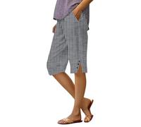 FENXIXIONE Womens Bermuda Shorts Knee Length Dressy Causal Elastic Waist Buttons Linen Shorts with Pockets Summer Beach Outfits (Grey,S)
