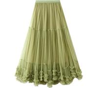 FENXIXIONE Women's Fairy Princess Sweet Maxi Skirts Tulle Tiered Tutu Half-Dress Big Swing Ankle Length Skirt (One Size,Green)