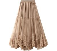 FENXIXIONE Women's Fairy Princess Sweet Maxi Skirts Tulle Tiered Tutu Half-Dress Big Swing Ankle Length Skirt (One Size,Brown)