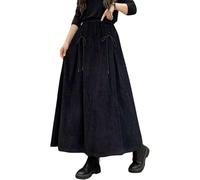 FENXIXIONE Womens Fall Winter Corduroy Maxi Skirt Elastic High Waist Drawstring Tie Front A-Line Pleated Long Skirt with Pockets (L,Black)