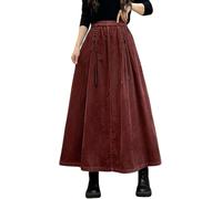 FENXIXIONE Womens Fall Winter Corduroy Maxi Skirt Elastic High Waist Drawstring Tie Front A-Line Pleated Long Skirt with Pockets (XL,Wine Red)