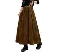 FENXIXIONE Womens Fall Winter Corduroy Maxi Skirt Elastic High Waist Drawstring Tie Front A-Line Pleated Long Skirt with Pockets (L,Brown)