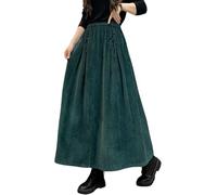 FENXIXIONE Womens Fall Winter Corduroy Maxi Skirt Elastic High Waist Drawstring Tie Front A-Line Pleated Long Skirt with Pockets (L,Blackish Green)