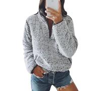 FENXIXIONE Womens Fleece Fluffy Sweatshirt Zip Up Jumper Pullover Top Casual Long Sleeve Stand Collar Coat with Pockets (L,Grey)