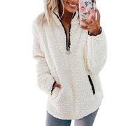 FENXIXIONE Womens Fleece Fluffy Sweatshirt Zip Up Jumper Pullover Top Casual Long Sleeve Stand Collar Coat with Pockets (M,White)