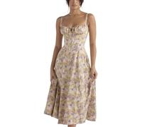 FENXIXIONE Womens Floral Printed Corset Dress,Strap Square Neck Bustier Midi Dress for Women, Sexy Midriff Waist Slit Beach Sundress (Khaki,S)