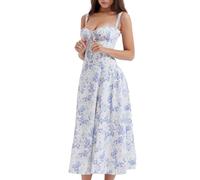 FENXIXIONE Womens Floral Printed Corset Dress,Strap Square Neck Bustier Midi Dress for Women, Sexy Midriff Waist Slit Beach Sundress (Blue,L)