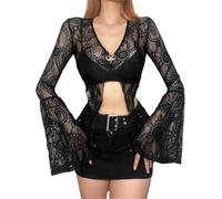 FENXIXIONE Womens Gothic Shrug Goth Lace Cardigan Mesh Bell Sleeve Shawl Y2k Crop Top Punk Shirt (S,Black 8)