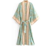 FENXIXIONE Women's Kimono Long Dressing Gown Floral Print Beach Cardigan Kimono Robe Bikini Cover Silk Satin Vintage Nightwear Bathrobe (Green,S)