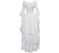 FENXIXIONE Women's Lace Flared Sleeves Vintage Gothic Witch Dress Medieval Renaissance Costume Victorian Dress (White,S)
