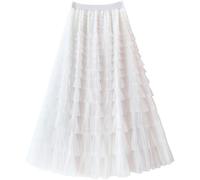 FENXIXIONE Women's Long Maxi Tulle Skirts A Line High Waisted Tiered Layered Midi Skirt Mesh Ruffle Tutu Petticoat (One Size,White)