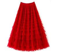 FENXIXIONE Women's Long Maxi Tulle Skirts A Line High Waisted Tiered Layered Midi Skirt Mesh Ruffle Tutu Petticoat (One Size,Red)