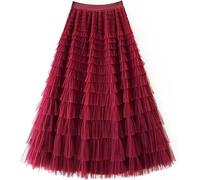 FENXIXIONE Women's Long Maxi Tulle Skirts A Line High Waisted Tiered Layered Midi Skirt Mesh Ruffle Tutu Petticoat (One Size,Burgundy)