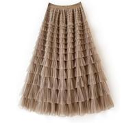 FENXIXIONE Women's Long Maxi Tulle Skirts A Line High Waisted Tiered Layered Midi Skirt Mesh Ruffle Tutu Petticoat (One Size,Khaki)