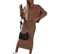 FENXIXIONE Women's Long Sleeve Tennis Dress 2 Piece Outfits V Neck Hooded Sweatshirt and Bodycon Tank Midi Dress Set (M,Brown)